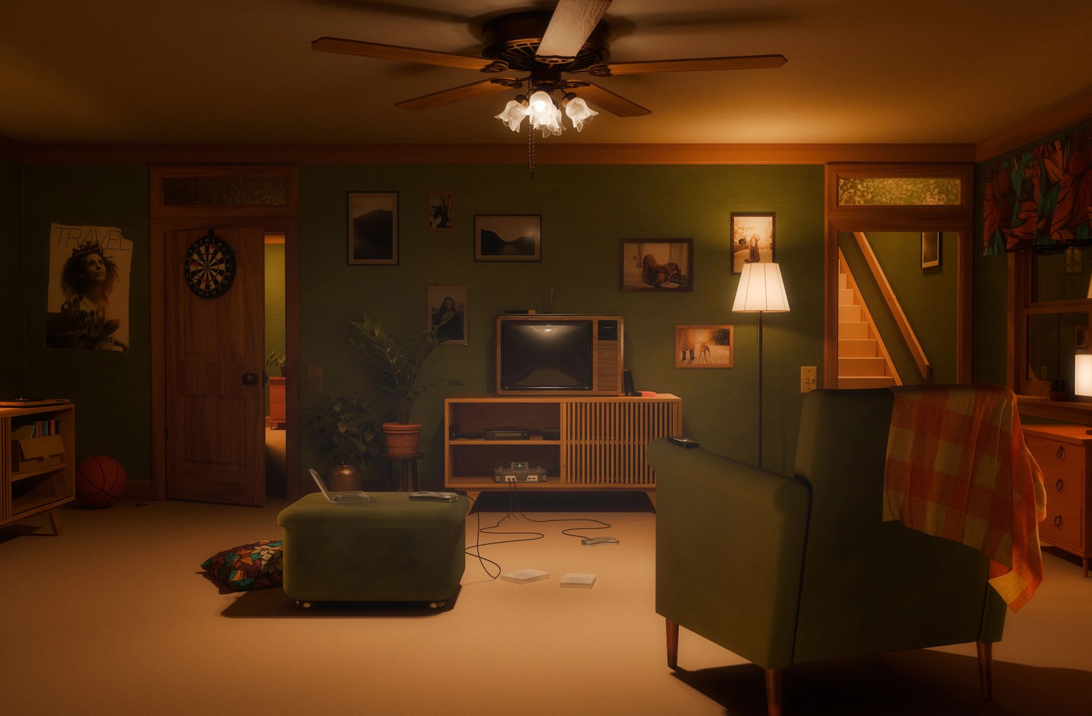 Cozy lodge living room with seating